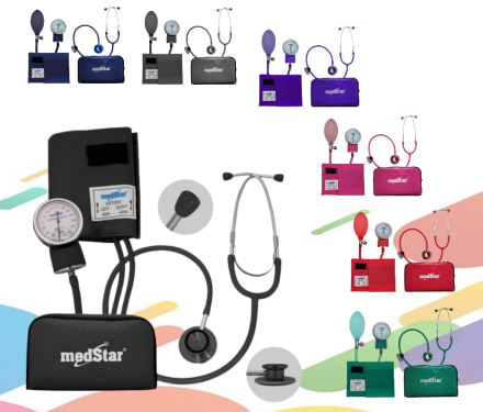 KIT DE BAUMANÓMETRO ANEROIDE CON ESTETOSCOPIO DE DOBLE CAMPANA FULL COLOR MEDSTAR