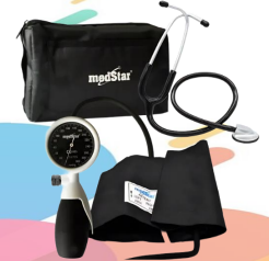 KIT DE BAUMANÓMETRO ANEROIDE TIPO PALMA CON ESTETOSCOPIO DE LUJO DE UNA CAMPANA MEDSTAR LINEA PLATINUM